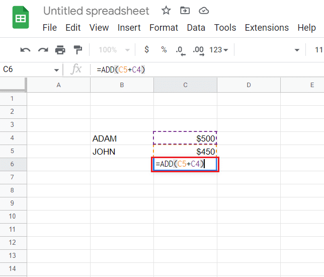 Geben Sie die Formel ein, =ADD(C4,C5)