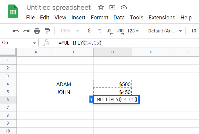 Geben Sie die Formel ein, =MULTIPLY(C4,C5)
