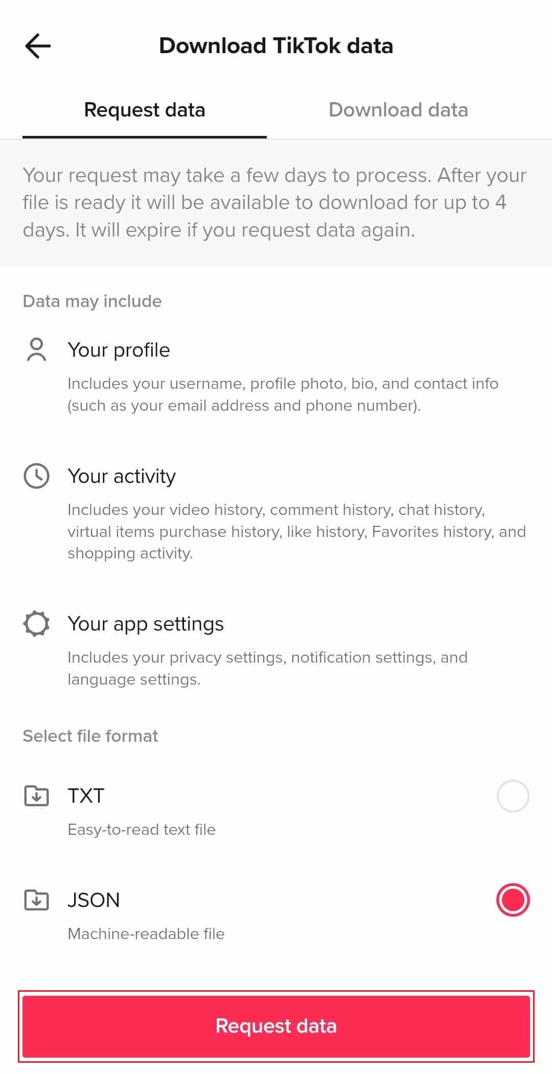 option de demande de données dans l'application TikTok