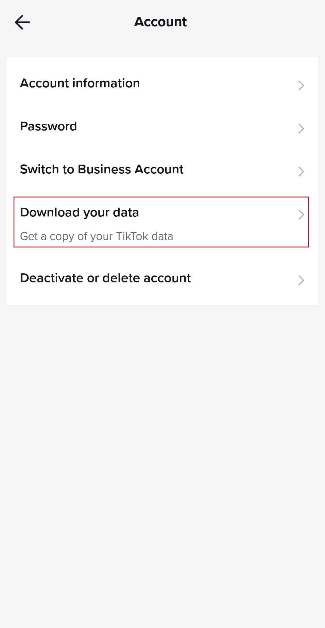 descargue su opción de datos en la configuración de la cuenta de TikTok