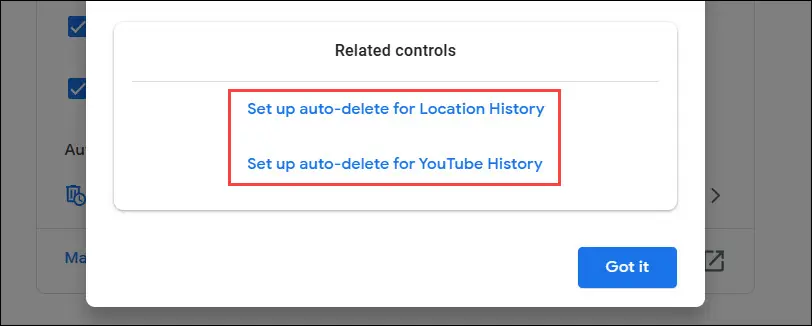 Local de exclusão automática ou histórico do YouTube.