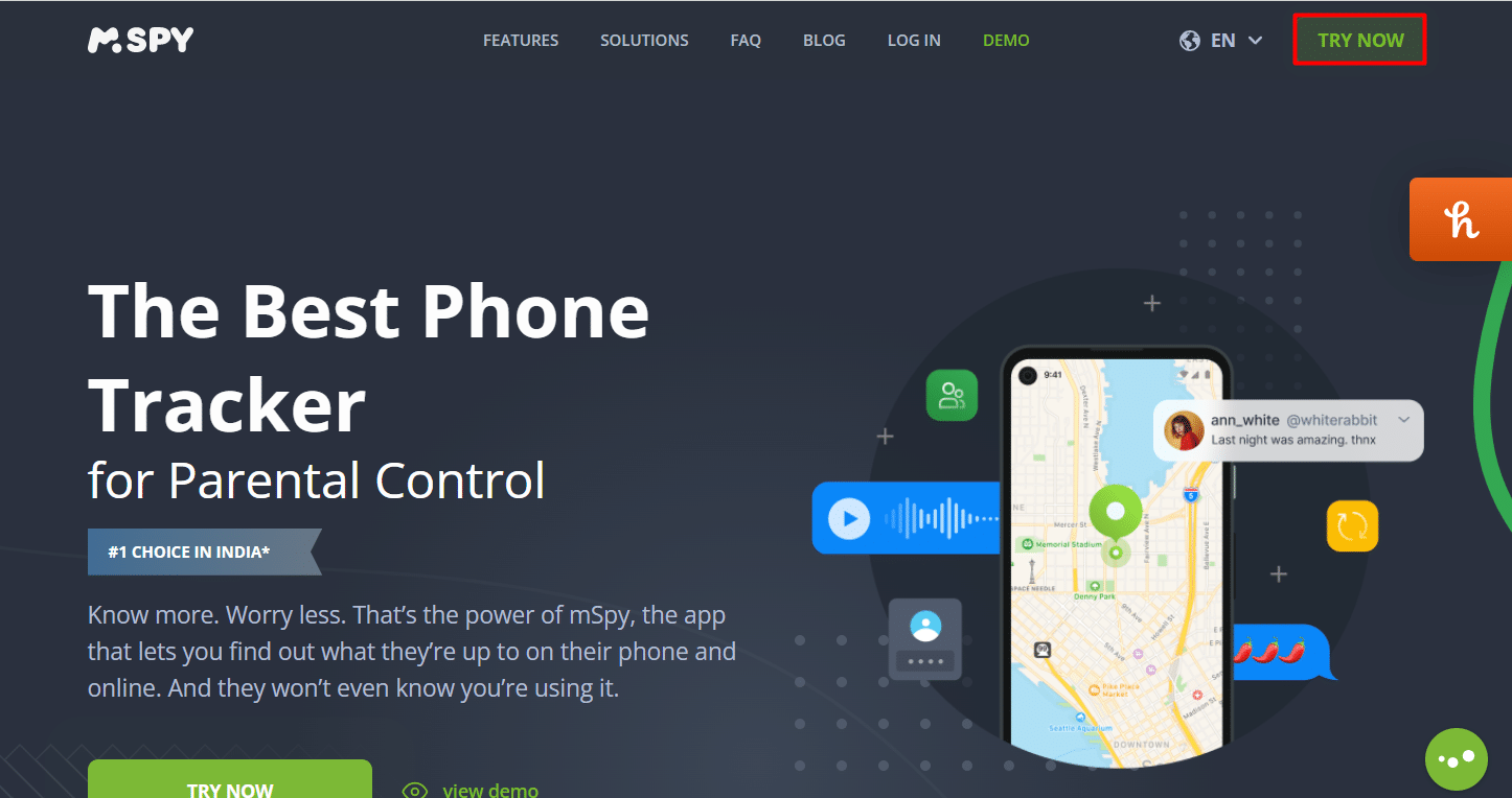 mSpy の公式 Web サイトにアクセスし、[TRY NOW] をクリックします。