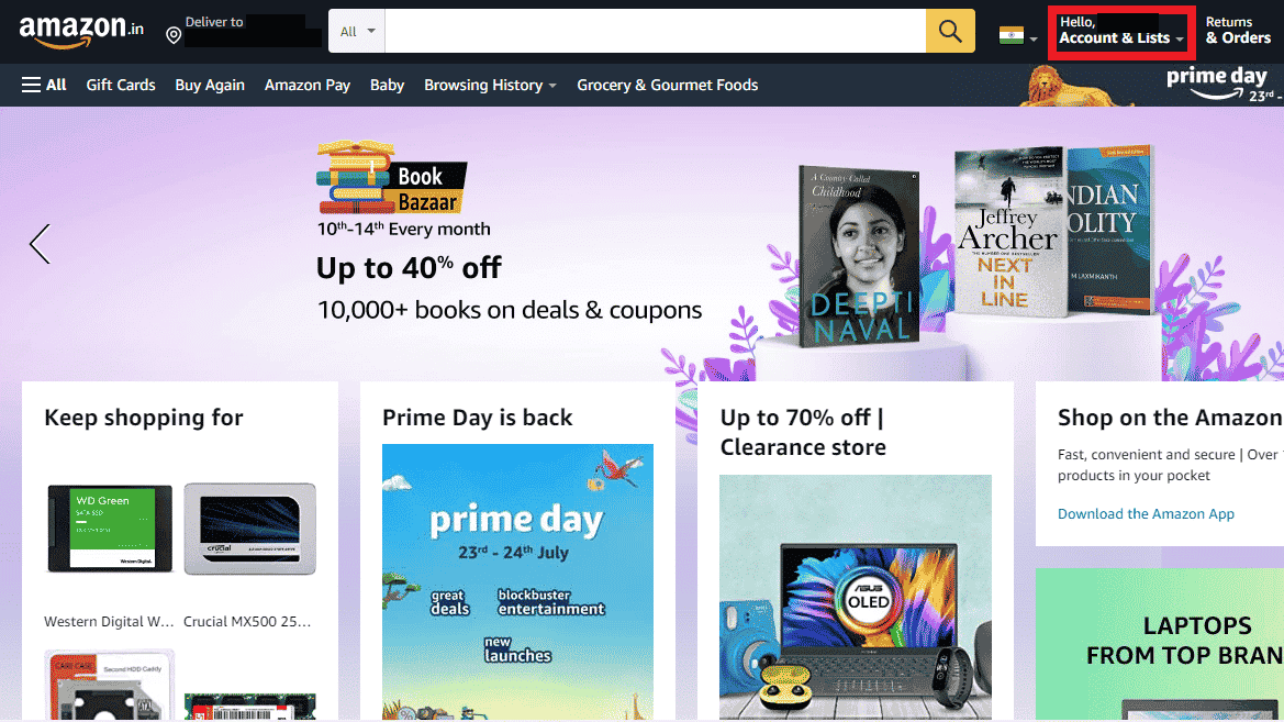 Klik Akun & Daftar dari bagian atas layar | Cara Melihat Nomor Lengkap Kartu Kredit di Amazon