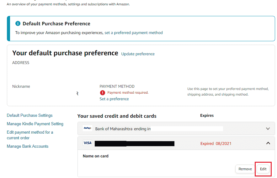 展開されたメニューから [編集] をクリックします | Amazonで完全なクレジットカード番号を確認する方法