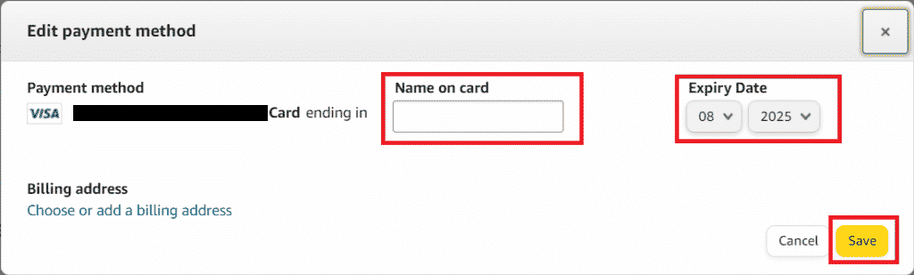 Modificați câmpurile dorite, cum ar fi Nume pe card și Data de expirare - Faceți clic pe Salvare