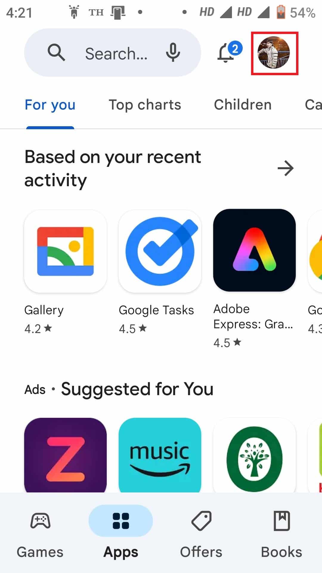 Appuyez sur l'icône de votre profil dans le Play Store