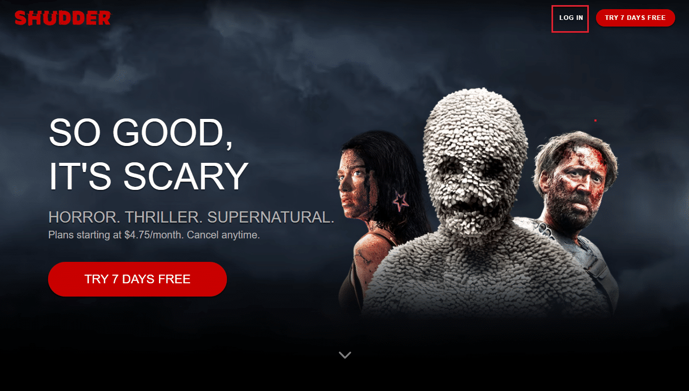 Visita il sito Web di Shudder e fai clic su ACCEDI