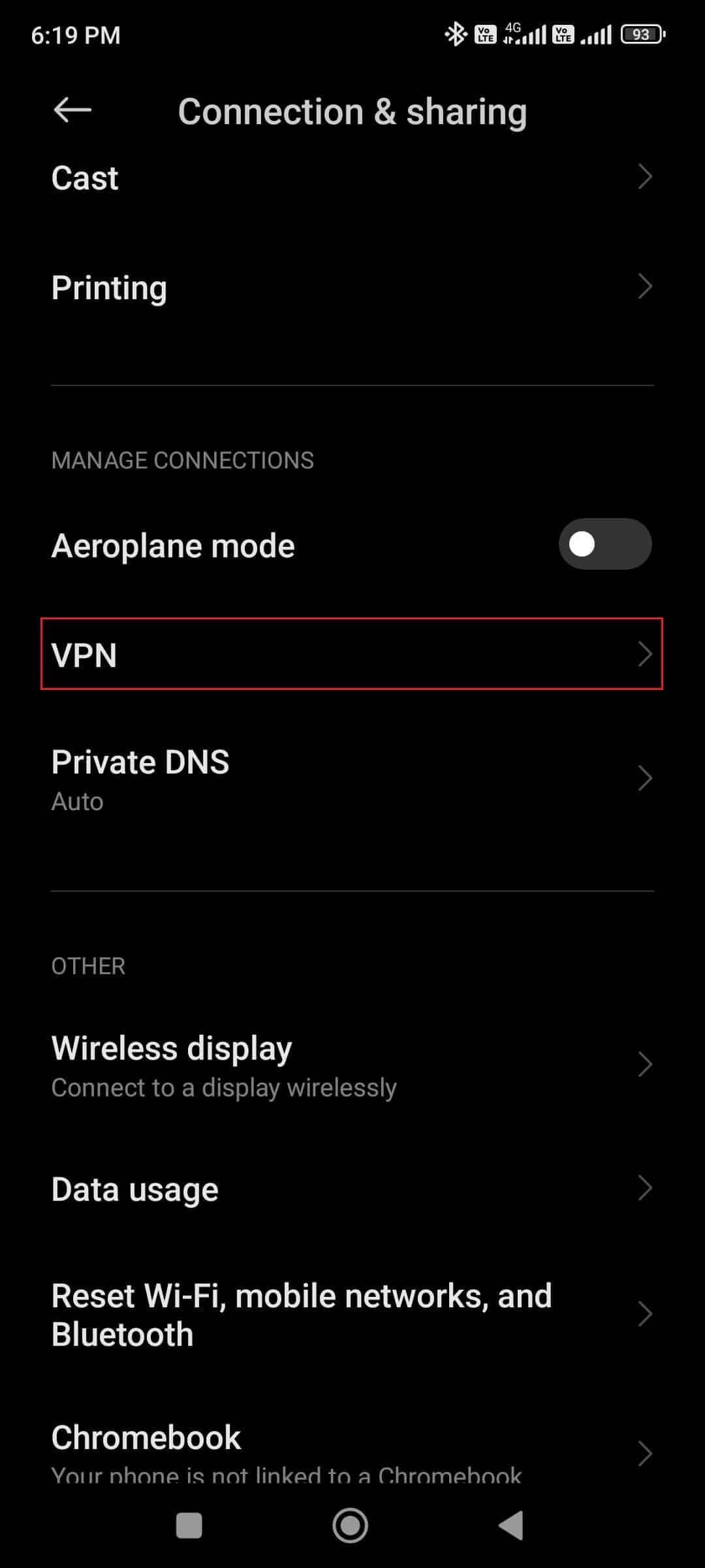 Wählen Sie die VPN-Option in Android