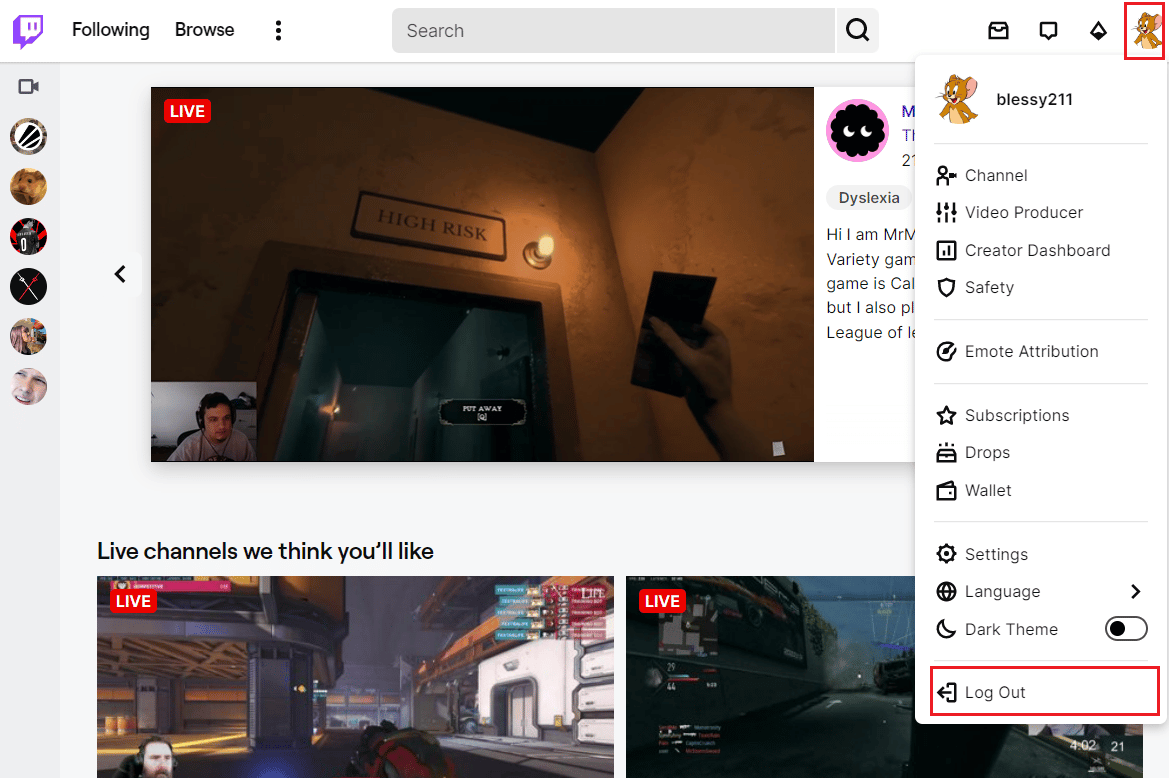 Cliquez sur l'icône de profil et sélectionnez déconnexion. Correction de l'abonnement Twitch Prime pas encore disponible