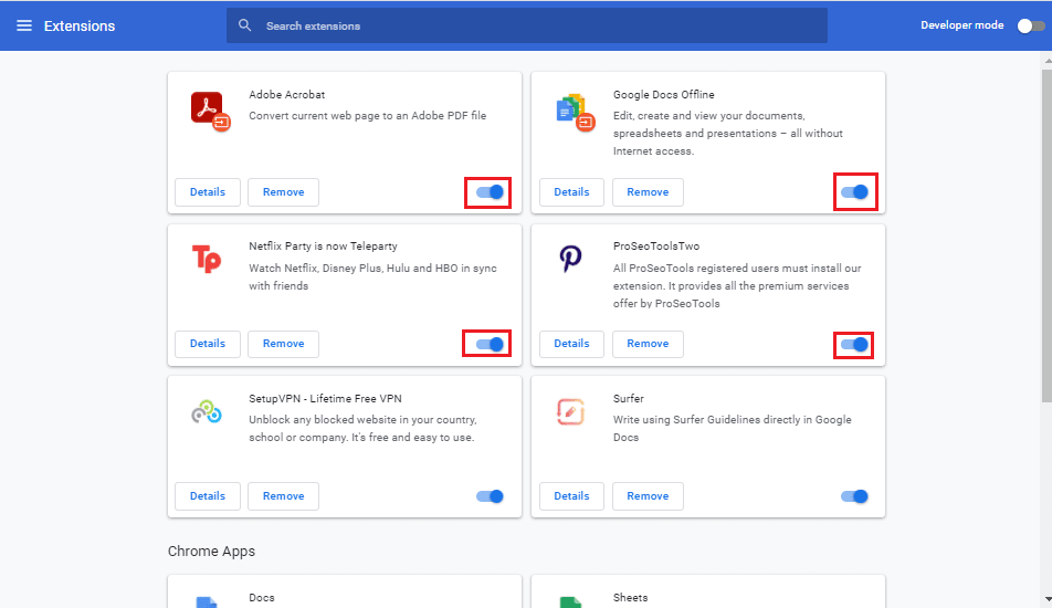 Disattiva le estensioni. Correggi l'errore 500 di Outlook