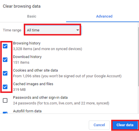 Cancella cookie e cache del browser