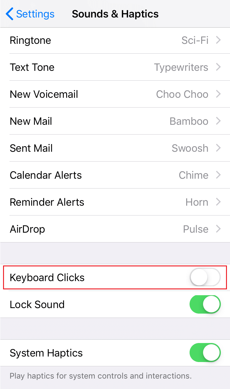 matikan sakelar untuk opsi Klik Keyboard | Bagaimana Cara Mematikan Suara Dialpad di iPhone Saya