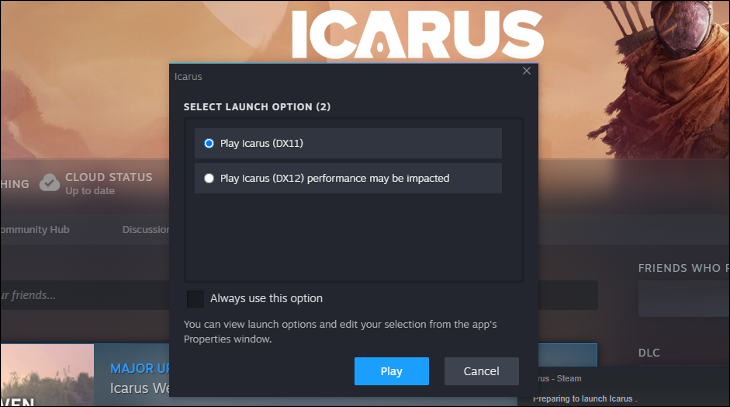 Memilih versi directx untuk Icarus di Steam