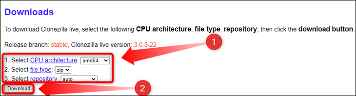 Pilih opsi unduhan amd64, zip, dan otomatis Clonezilla