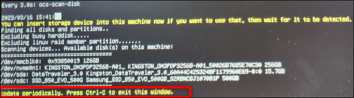 Tekan Ctrl+C untuk melewati layar yang mencantumkan semua perangkat penyimpanan Anda