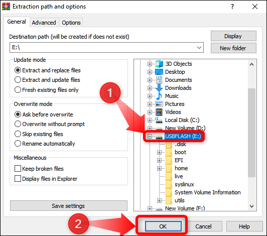 Ekstrak arsip Clonezilla Live di USB flash drive Anda