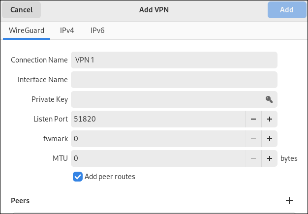 Panel konfigurasi Wireguard VPN di aplikasi Pengaturan Fedora 38