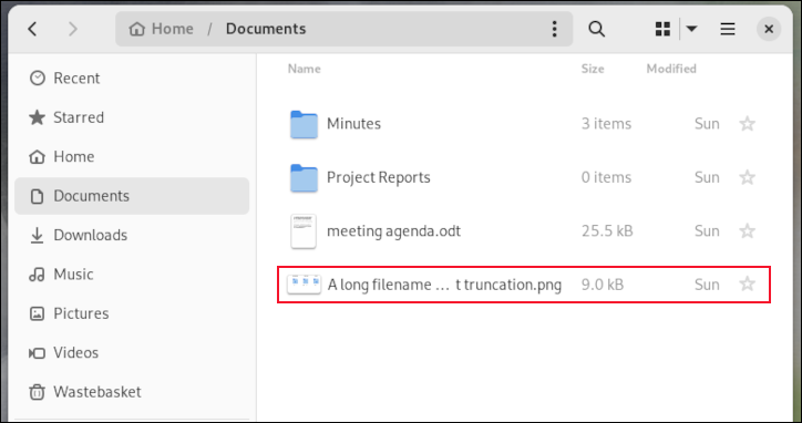 Browser file Fedora 38 memotong nama file di tengah, sehingga jenis file masih terlihat