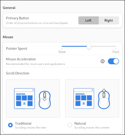 Panel Mouse aplikasi Pengaturan Fedora 38