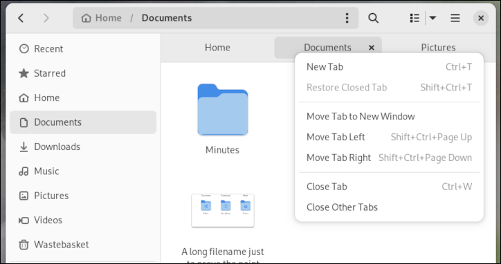 Menu konteks tab browser file Fedora 38