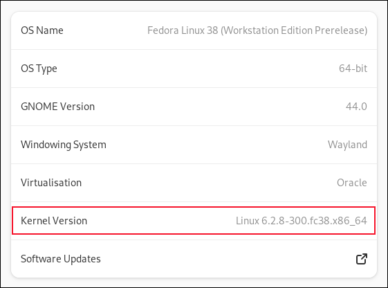 Aplikasi Pengaturan Fedora 38 Tentang panel yang menampilkan versi kernel