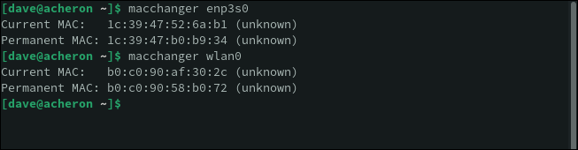 Использование macchanger для отображения текущих MAC-адресов для соединений Ethernet и Wi-Fi.