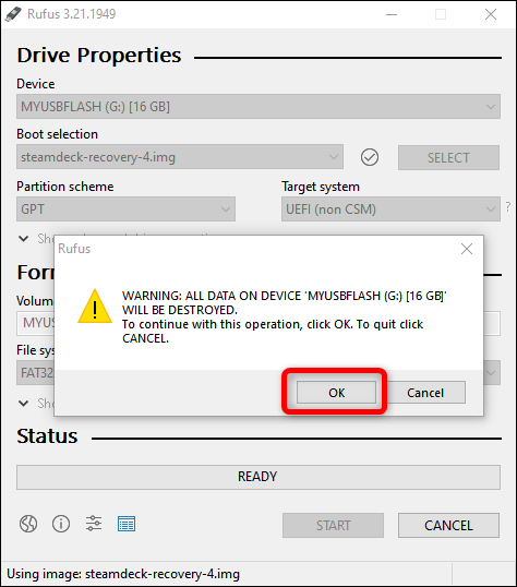 Когда Rufus предупредит вас, что он удалит все данные на выбранном диске, нажмите OK, чтобы продолжить.