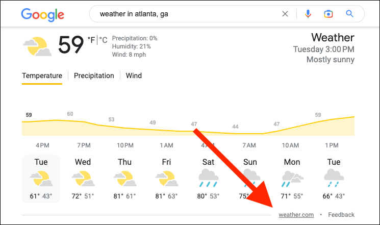 Отчет о погоде для Атланты, Джорджия в Поиске Google