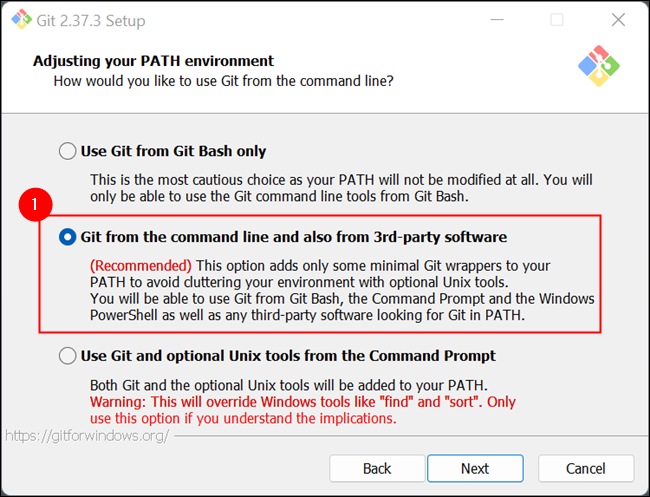 システム PATH に Git を追加するオプションを必ず選択してください。