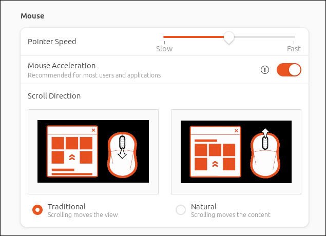 Panel Mouse di aplikasi Pengaturan GNOME