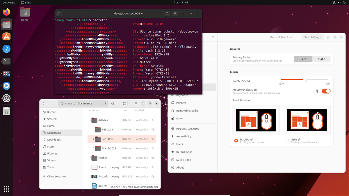 Desktop Ubuntu 23.04 dengan browser Files, Aplikasi Pengaturan, dan jendela terminal terbuka