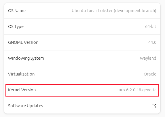 Versi kernel ditampilkan di panel Tentang aplikasi Pengaturan