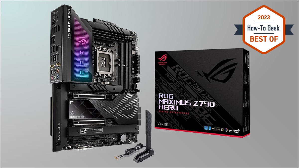 ASUS ROG Maximus Z790 Hero dengan latar belakang abu-abu