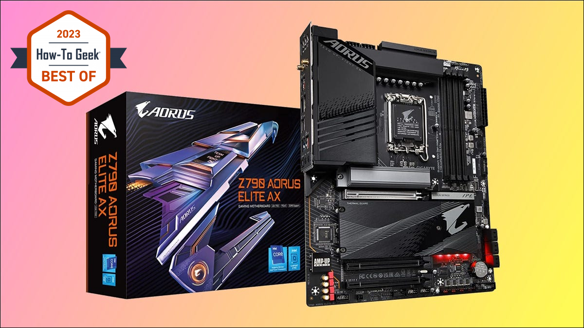 GIGABYTE Z790 AORUS Elite AX dengan latar belakang merah muda dan kuning