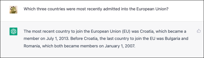 ChatGPT: ประเทศล่าสุดที่เข้าร่วมสหภาพยุโรป (EU) คือโครเอเชีย ซึ่งเป็นสมาชิกเมื่อวันที่ 1 กรกฎาคม 2013 ก่อนโครเอเชีย ประเทศสุดท้ายที่เข้าร่วมสหภาพยุโรปคือบัลแกเรียและโรมาเนีย ซึ่งทั้งสองประเทศเข้าเป็นสมาชิกเมื่อวันที่ 1 มกราคม 2550.