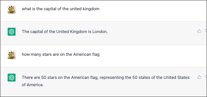 ChatGPT ตอบเมืองหลวงของสหราชอาณาจักรและจำนวนดาวบนธงชาติสหรัฐฯ