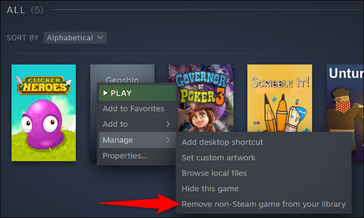 「Steam 以外のゲームをライブラリから削除する」を選択します。