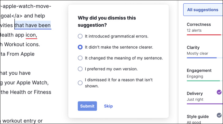 提案が気に入らない場合は、Grammarly がフィードバックを受け取ります