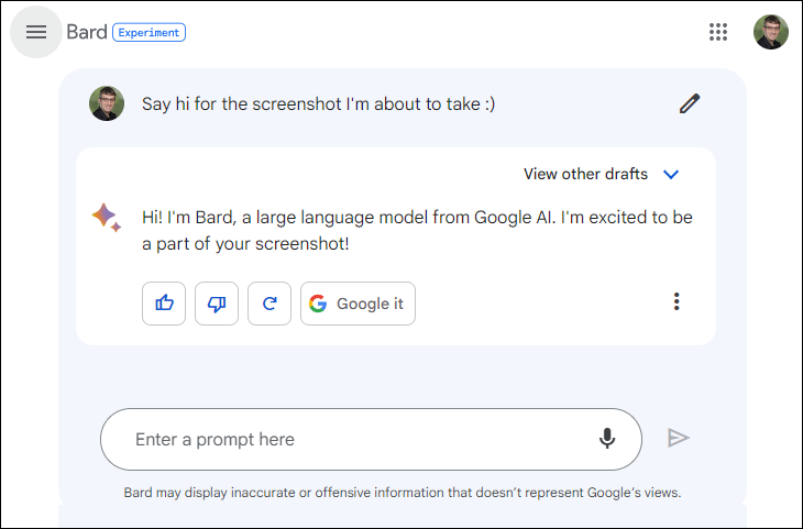 Google Bard がこんにちはと言っています。