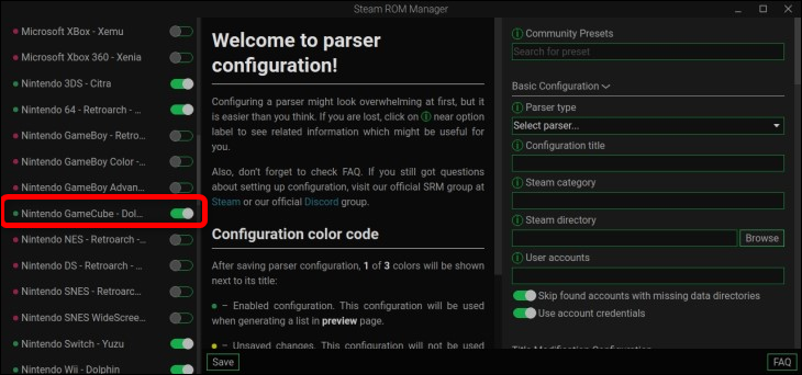 Steam ROMマネージャーに入ったら、Nintendo GameCubeパーサーの切り替えを有効にして、ゲームキューブゲームをSteam Deckのゲームモードで個別のタイトルとして表示します