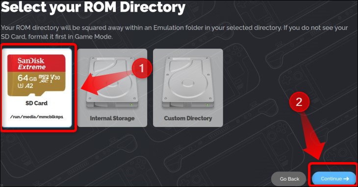 ドライブを選択して、EmuDeck ROM ディレクトリを保存します