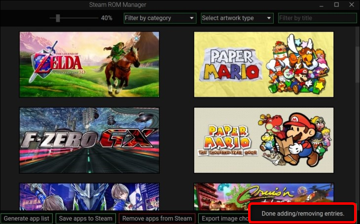 エントリの追加/削除が完了したという通知が表示されたら、Steam ROM マネージャーを閉じます。