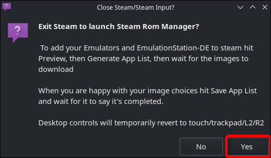 [はい] ボタンをクリックして、Steam ROM Manger が Steam を終了できるようにします。