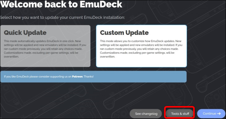 EmuDeck の Tools & Stuff ボタンをクリックして、Steam Rom Manager にアクセスします。