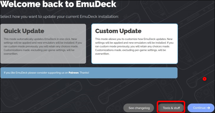 EmuDeck を開いた後、[ツールとスタッフ] ボタンを押してクイック設定にアクセスします。