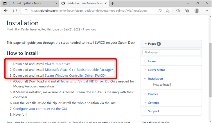 SWICD GitHub ページにアクセスして、ViGEm バス ドライバー、Microsoft Visual C++ 再頒布可能パッケージ、および Steam Windows コントローラー ドライバー (SWICD) をダウンロードします。