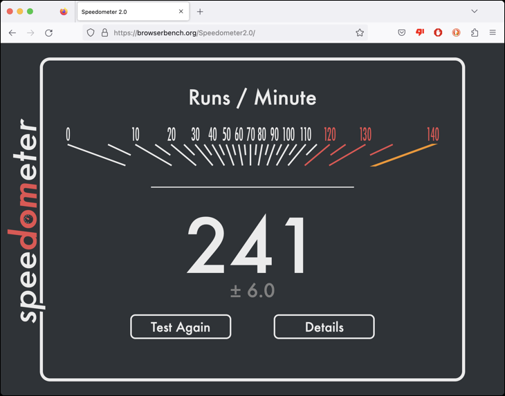 Browserbench Speedometer 2.0 berjalan di Firefox