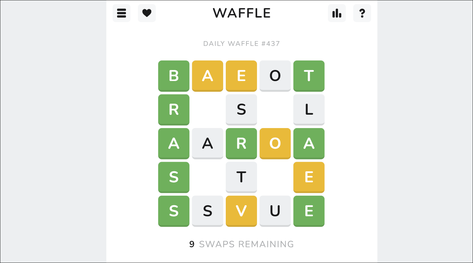 Playing Waffle: ワッフル型のグリッドで単語を推測する Wordle クローン。