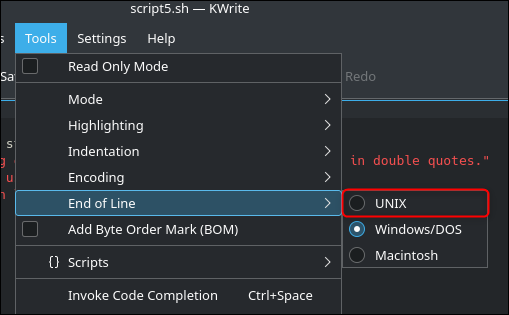 В Kwrite в меню «Инструменты» откройте «Конец строки» и выберите «Unix».