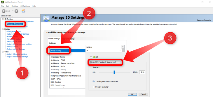 NVIDIA コントロール パネルを開いたら、[3D 設定の管理] タブを選択し、[イメージ スケーリング] タブに移動して、NVIDIA イメージ スケーリングをオンにします。